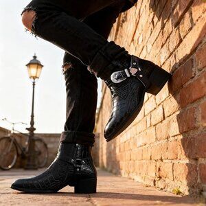 Cowboy Boots for Men Crocodile Embossed Men's Western Boot with Belt Buckle